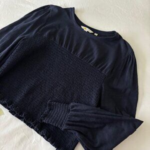BODEN navy blue elastic shirred long sleeve cropped top Misses 14